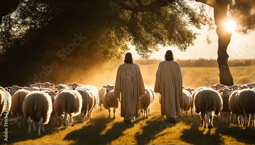 Jesus Christ the shepherd with friend leading sheep and praying to God in a field with bright sunlight