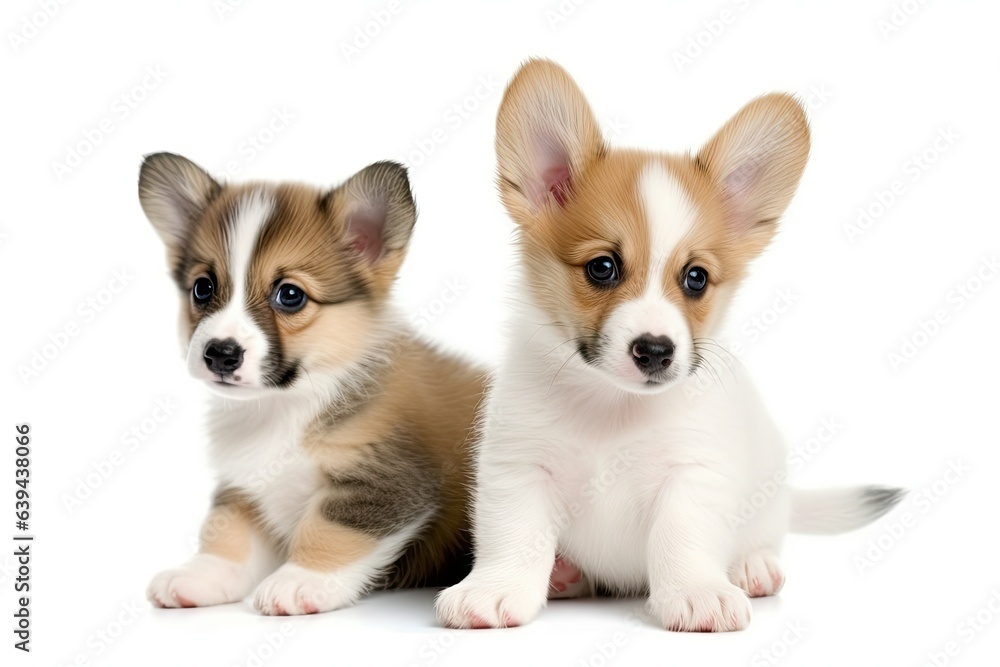The little kitten is shown with a happy corgi dog. isolated in front of a white background. Generative AI