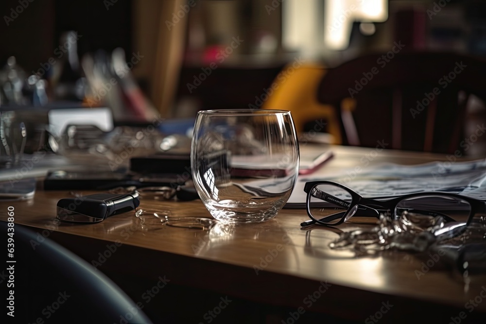 close-ups of glasses on a desk. Generative AI close-ups of glasses on a desk. Generative AI