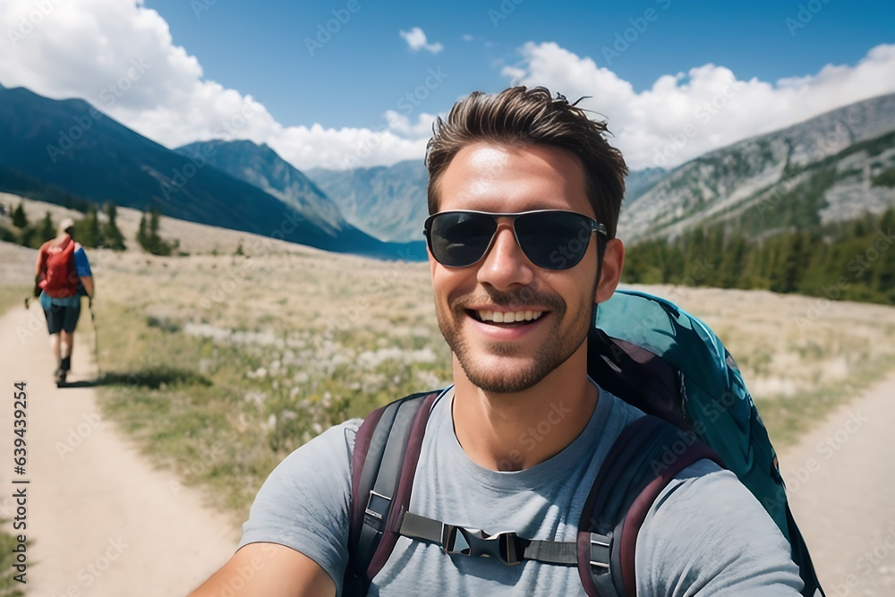Happy Hiker in Sunglasses Taking Selfie on Summer Vacation Day Happy Hiker in Sunglasses Taking Selfie on Summer Vacation Day