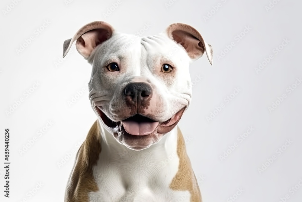 American Staffordshire Terrier may be seen grinning and focusing on the camera. alone against a white background. Generative AI