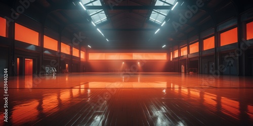 An empty basketball court with bright orange lighting. Digital image. © tilialucida