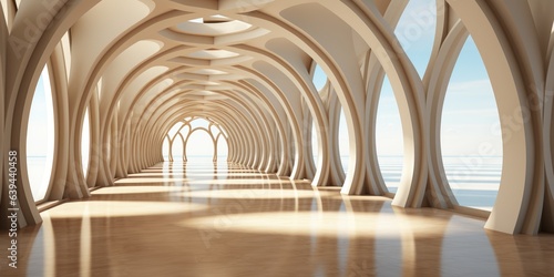 A long hallway with arches leading to the ocean. Digital image.