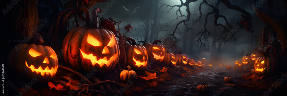 glowing pumpkins against the backdrop of a spooky forest .halloween party with pumpkins .generative ai glowing pumpkins against the backdrop of a spooky forest .halloween party with pumpkins .generative ai
