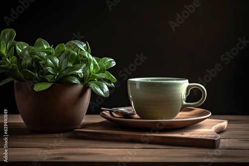 Wallpaper Mural a wooden table with a potted coffee plant and a cup next to it. Generative AI Torontodigital.ca