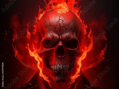 A background of blazing flames of dark, bloody red color, with a frightening bloody red skull in the middle 