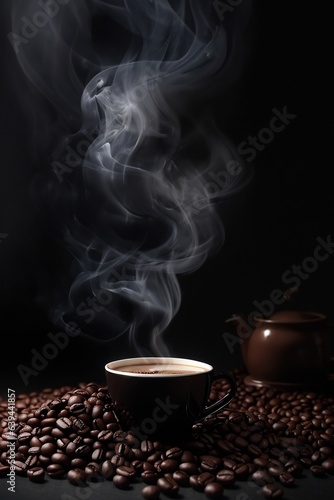 Dark background of a cup of hot coffee billowing soft smoke 