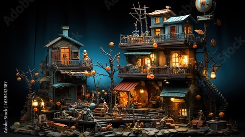 Halloween background with haunted houses and pumpkins
