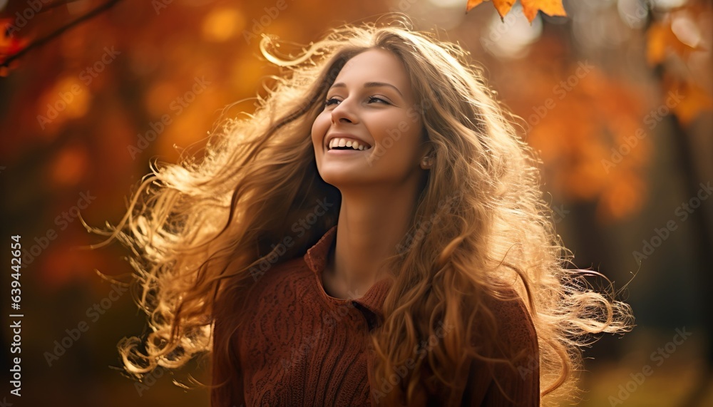 a portrait of a young girl smiling happily in an autumn park a portrait of a young girl smiling happily in an autumn park