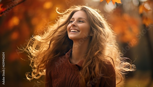 a portrait of a young girl smiling happily in an autumn park
