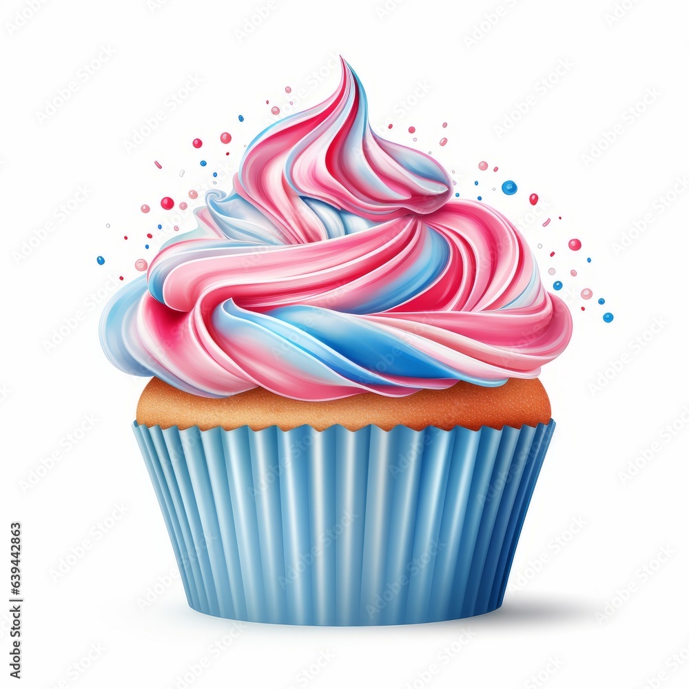 Delicious cupcake with a pink, blue, and white swirl, Generative AI