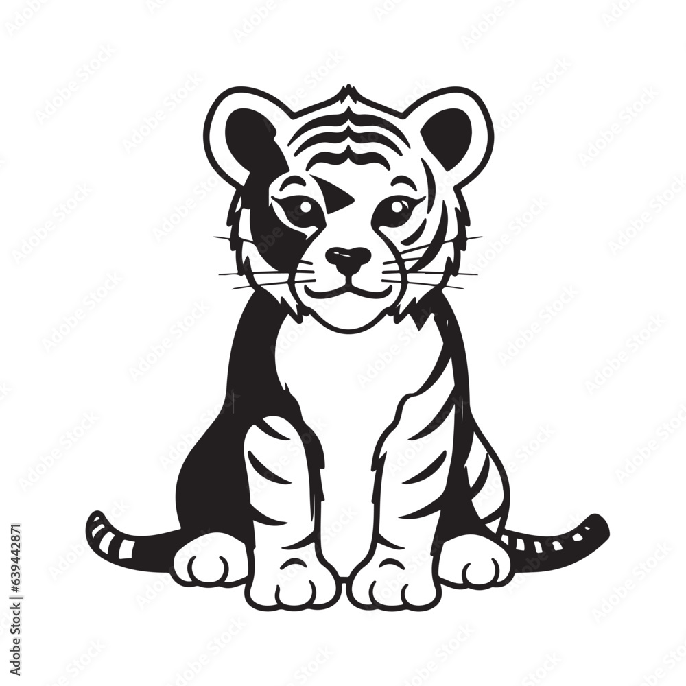 A tiger sits on a white background, simple flat outline A tiger sits on a white background, simple flat outline