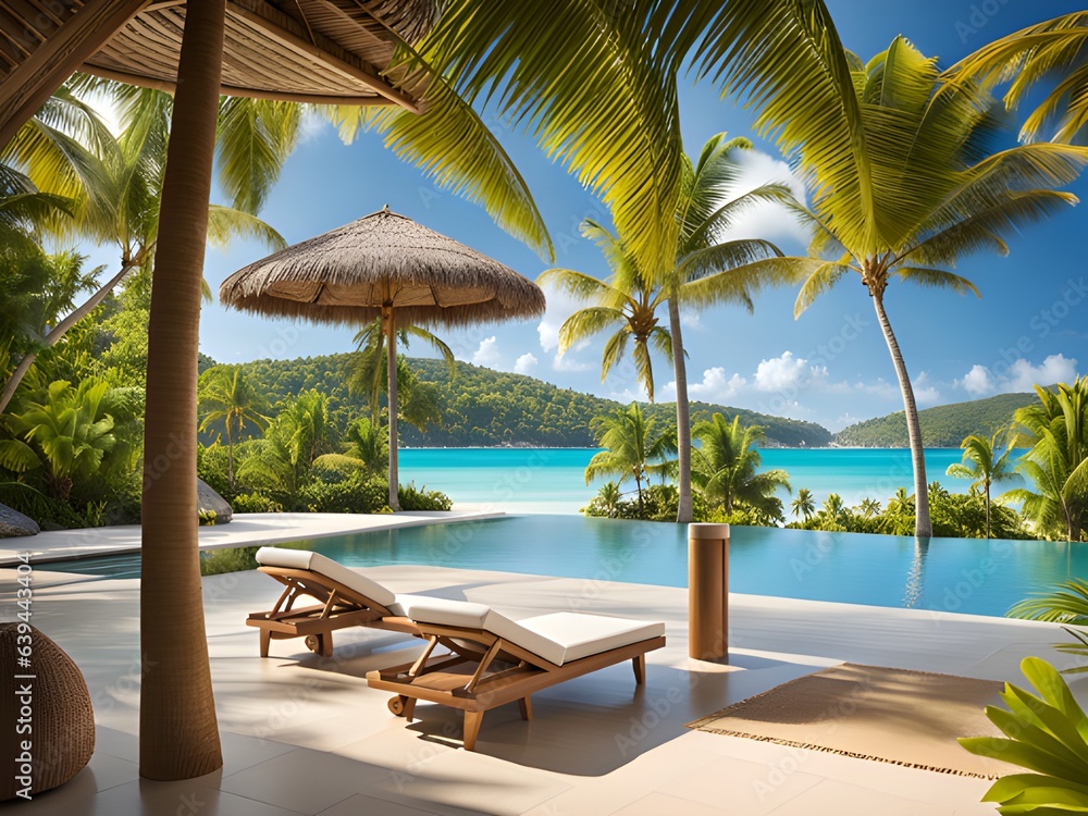 Fototapeta premium beautiful swimming pool with tropical island in the background. travel and vacation concept. 3d illustration.