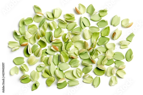 Peeled pistachio nuts isolated on a white backdrop. checking up. Generative AI