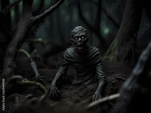 creepy scary spooky zombie in dark night forest