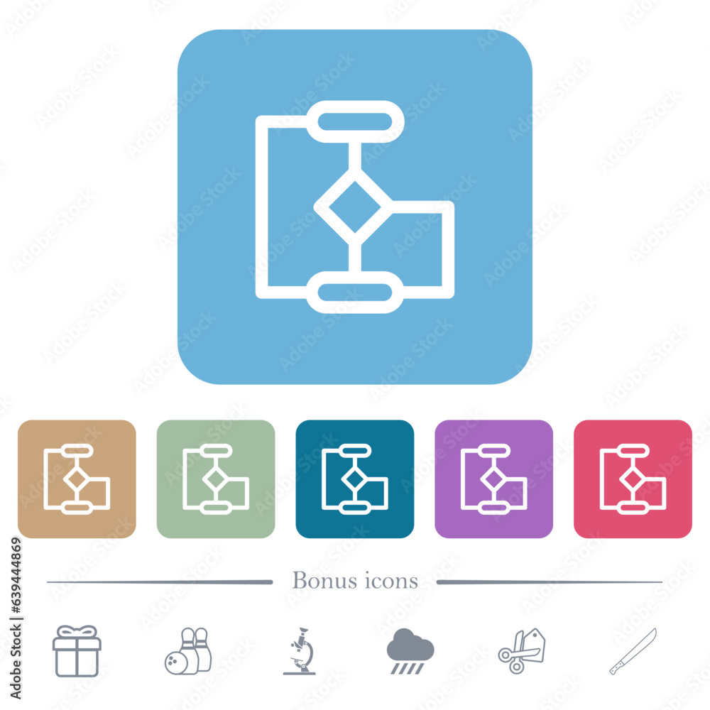 Flow chart outline flat icons on color rounded square backgrounds Flow chart outline flat icons on color rounded square backgrounds