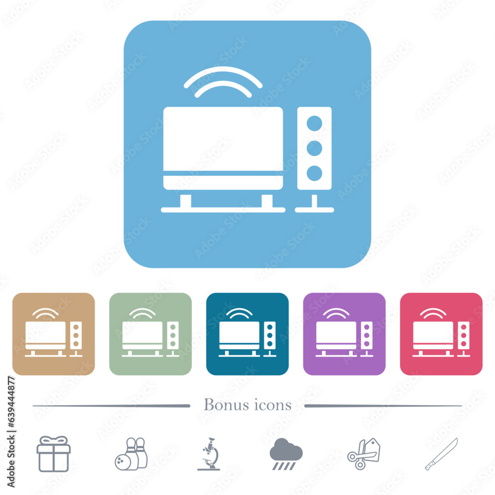 Home theater flat icons on color rounded square backgrounds Home theater flat icons on color rounded square backgrounds