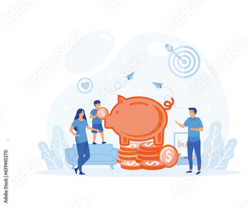 saving money concept. Father and mother teach children to save money. financial management. flat vector modern illustration