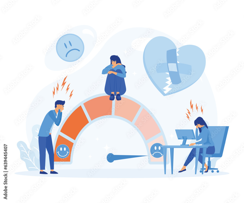 People are on the mood scale, stress rate. Frustration and stress. depression diagnosis Mental disorder. flat vector modern illustration