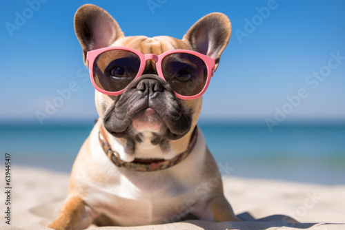 French Bulldog wearing pink sunglasses on a beach. The dog is laying on the sand with its head up, portrait