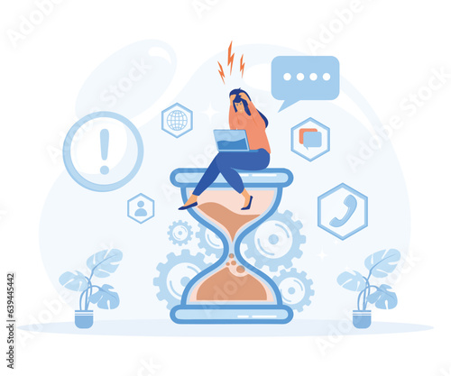 Stress in the office. Fast work, Tired and exasperated business woman is sitting on an hourglass and clutching her head with business process icons. flat vector modern illustration  