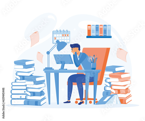 Overworked businessman. Stressed frustrated manager hard work in his office among piles of papers documents.  flat vector modern illustration  