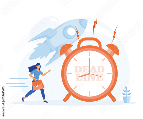 office deadline hurry concept, young business woman run in hurry to catch a deadline project. flat vector modern illustration 