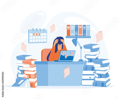 Overworked businesswoman. hard work female manager sitting office desk in big pile of documents. flat vector modern illustration