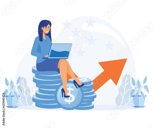Financial consultant leaning on a stack of coins.  Successful investor or entrepreneur. Financial consulting, investment and savings. flat vector modern illustration
