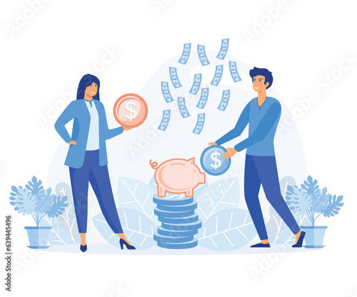 Family Budget, Future Financial Planning. Deposit Strategy of the Safe Economic Fund. Married couple save coins in a Piggy Bank. flat vector modern illustration 
