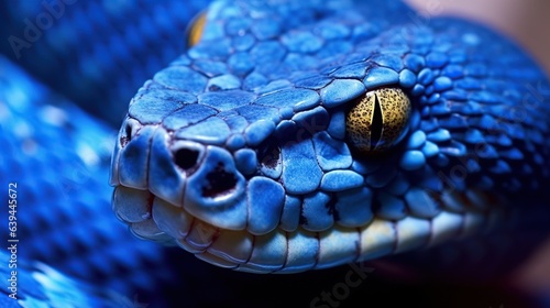 Close-up of a dark blue snake's head on a blue background