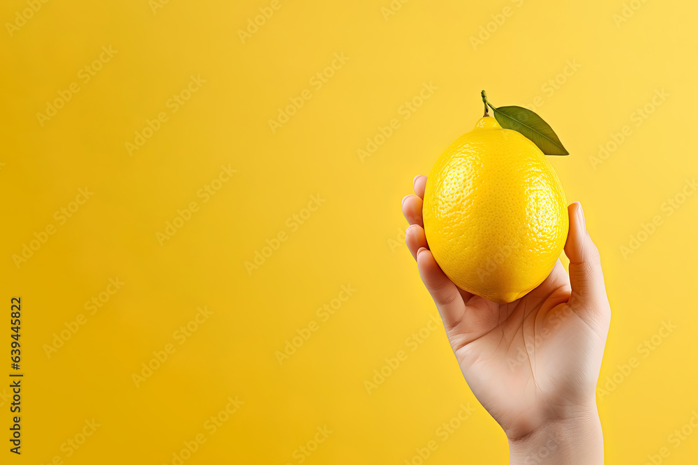 Lemon in hand isolated on yellow background with copy space Lemon in hand isolated on yellow background with copy space