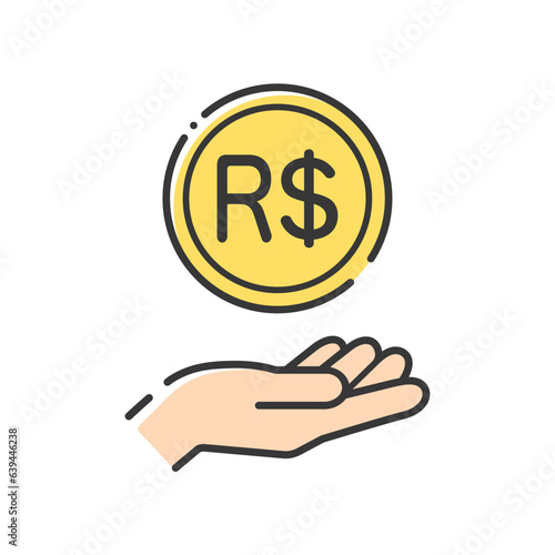 R$の文字が入ったシンプルなコインと人の手のアイコン- ブラジルのお金･レアルのイメージ
