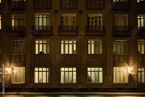 a streetlight-lit residential building's at night. contemporary building. Generative AI © Lasvu