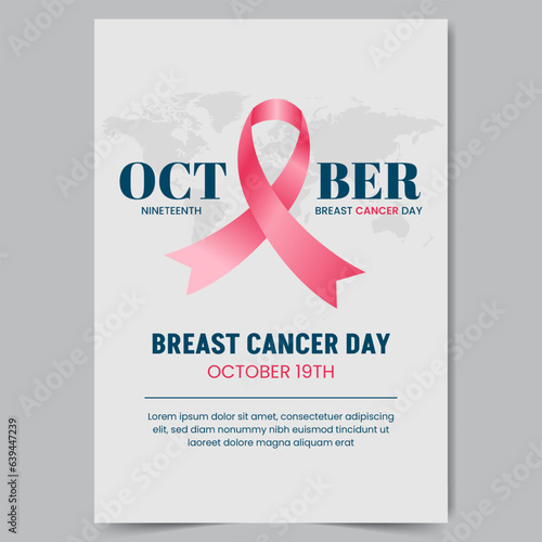 Breast Cancer Day October 19th poster design with pink ribbon and world map background