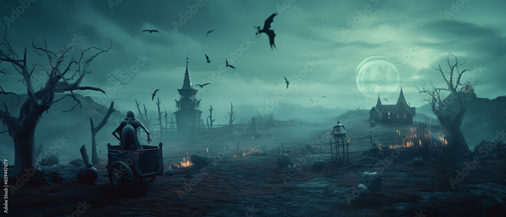Fototapeta premium Colorful background of Halloween collection through a misty sky, in the style of light cyan and dark violet, Created with generative AI tools.