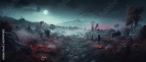 Colorful background of Halloween collection through a misty sky  in the style of light cyan and dark violet  Created with generative AI tools.