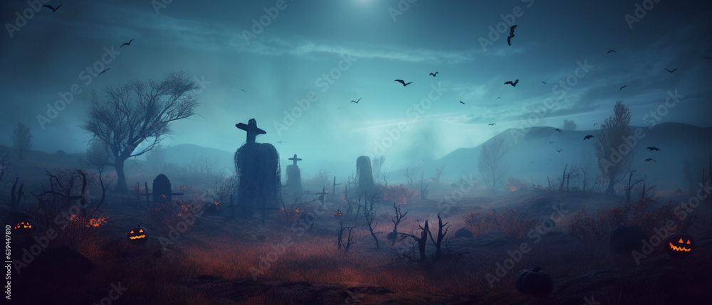 Colorful background of Halloween collection through a misty sky, in the style of light cyan and dark violet, Created with generative AI tools. - obrazy, fototapety, plakaty 
