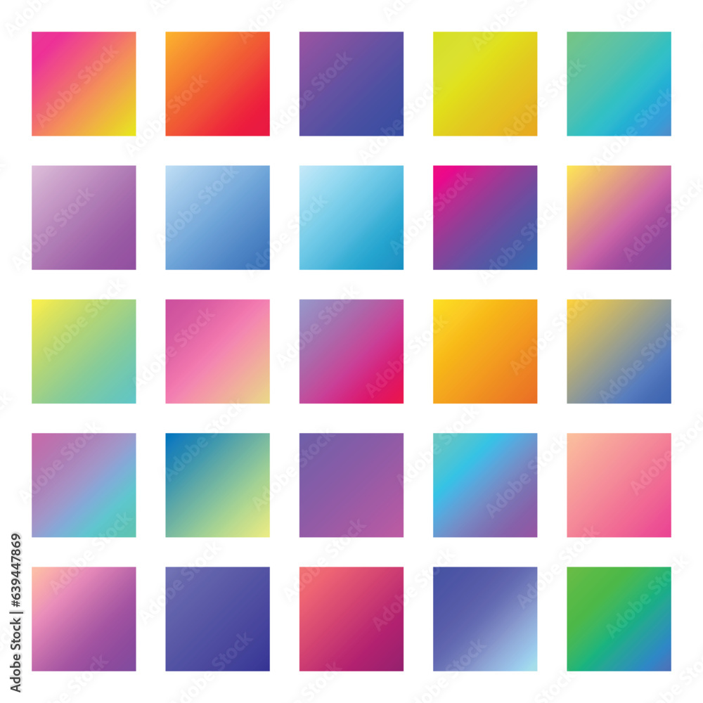 Colorful screen gradient palette set. 25 vibrant color gradation swatches. Red, orange, blue, green, purple, pink, green, and orange color combination.
