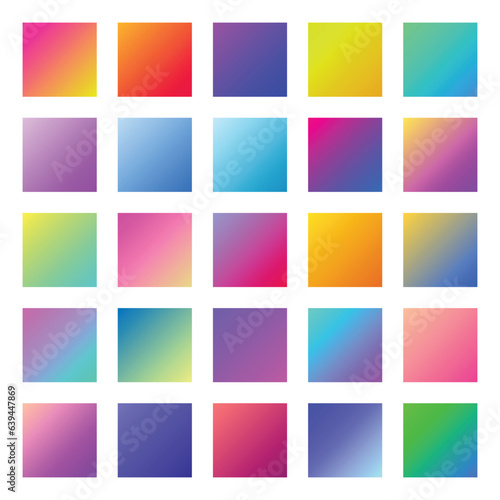 Colorful screen gradient palette set. 25 vibrant color gradation swatches. Red, orange, blue, green, purple, pink, green, and orange color combination.