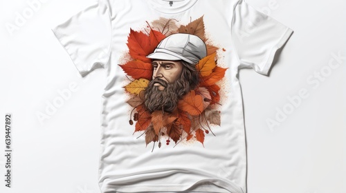 an image of a man with a beard and leaves on a t shirt, in the style of white and bronze, realistic color schemes, engineering/construction and design, andrzej sykut, noble subjects, color splash photo