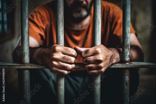 man behind prison bars with his hands resting on the bars of a prison or jail cell. It explores the concept of conclusion, crime and punishment, close-up shots, repression, and justice.
 Generative AI photo