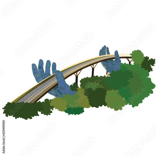 Golden Bridge in Danang Vietnam vector illustration isolated on white background. World famous landmarks. Hands Bridge. Travelling concept.