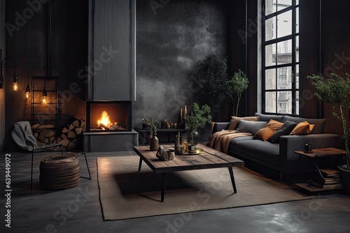 industrial-style living room loft with a dark fireplace. Generative AI © Vusal