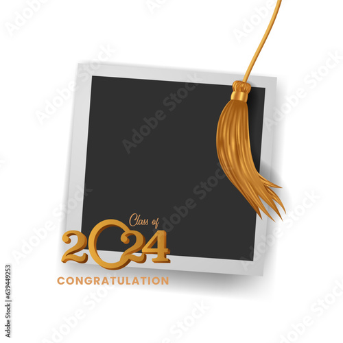 Class of 2024 with golden tassel and photo frame graduation party education for collage with white background