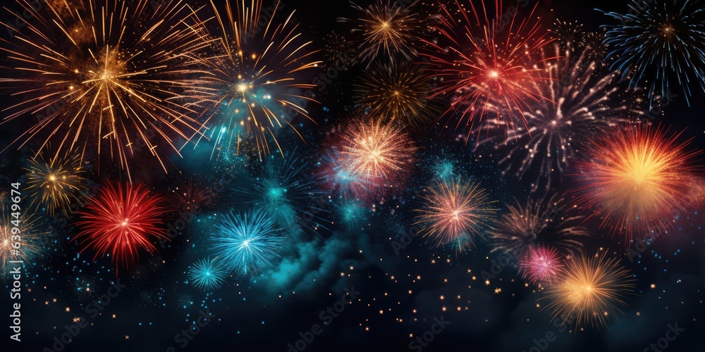 illustration of vibrant fireworks against the dark night sky, generative AI illustration of vibrant fireworks against the dark night sky, generative AI