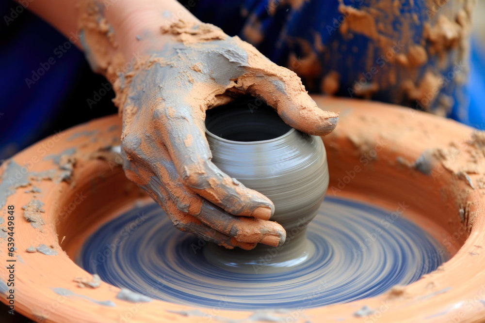 Person hands shaping a small clay pot on a pottery wheel. The hands are covered in wet clay and are gently shaping the pot Person hands shaping a small clay pot on a pottery wheel. The hands are covered in wet clay and are gently shaping the pot