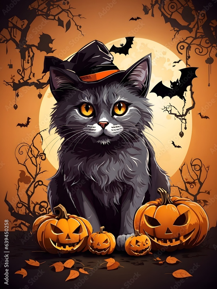 halloween cat with pumpkins and bats halloween cat with pumpkins and bats