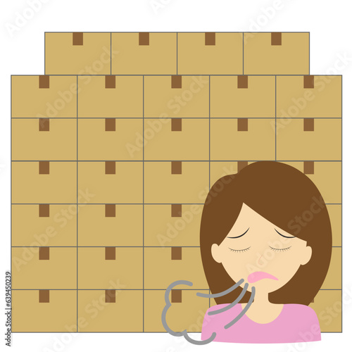 大量の在庫を抱えてため息をつく女性