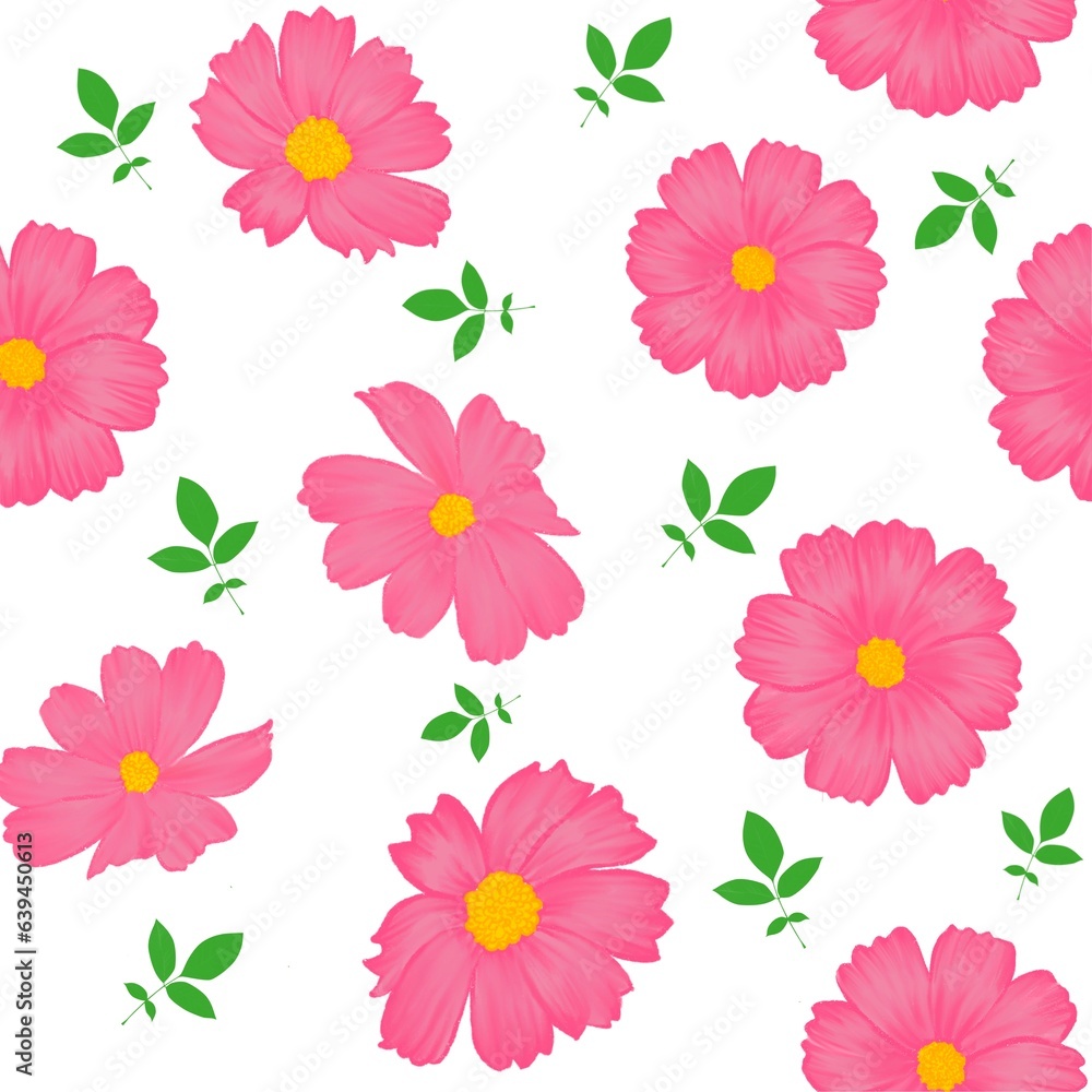Watercolor cosmos flowers pattern on seamless background.